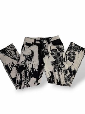 Rebel Vengeance Skeleton Tapestry Cargo Pants Goth Punk Streetwear Fringe Sz 30